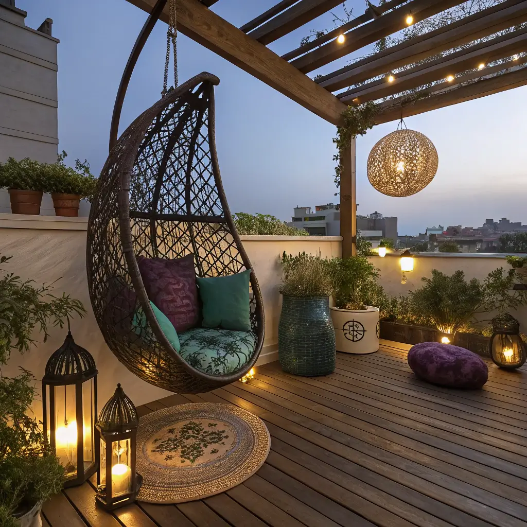 Twilight view of a cozy 12x12ft balcony patio, featuring a hanging egg chair with jewel-toned velvet cushions, Moroccan lanterns casting complex shadows on teak decking, and overflowing planters with succulents and herbs under ambient blue hour and candlelight.