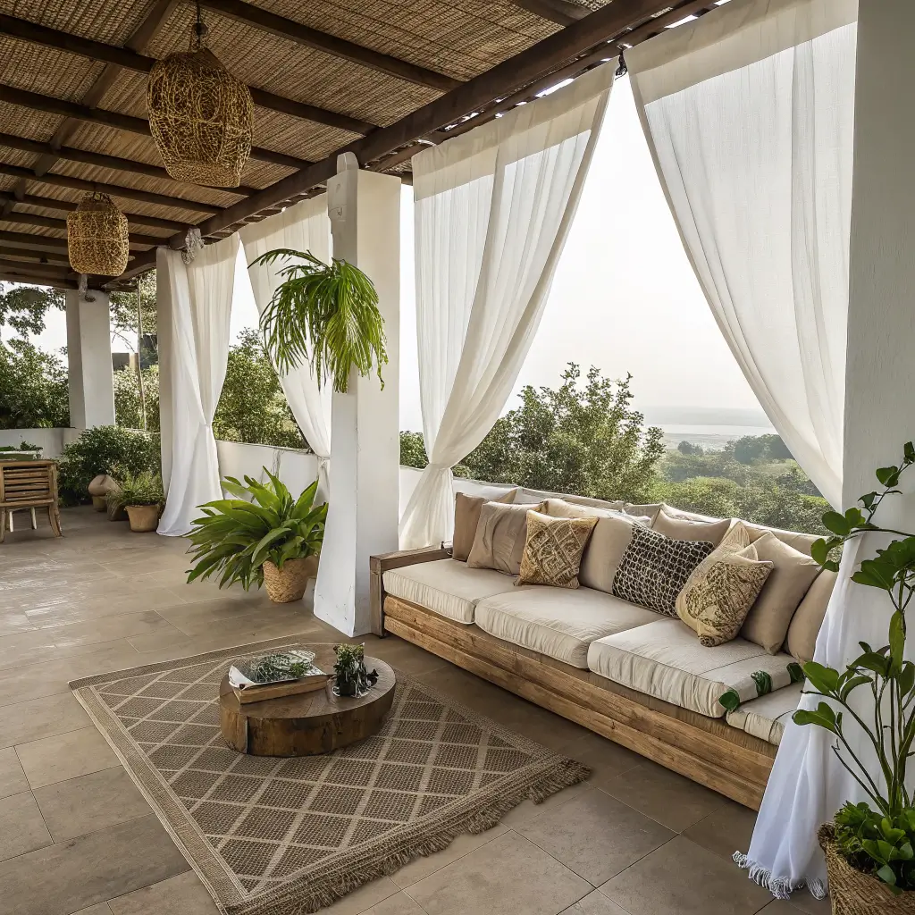 An elevated view of an L-shaped covered veranda with a bamboo lounge sectional featuring earth-toned mudcloth pillows. Sheer white curtains hang from dramatic archways, moving gently in the breeze. Floor cushions with kilim patterns encircle a hammered brass coffee table. Trailing ferns in macramé plant hangers are suspended at various heights. The image is shot with diffused natural lighting for detail.