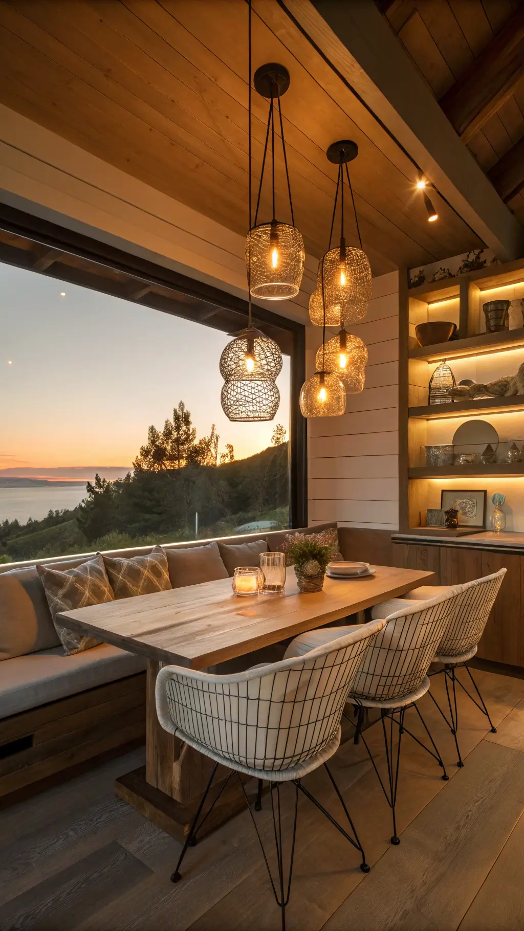Cabin dining area with warm sunset light, featuring a modern glass pendant cluster over a reclaimed wood table, built-in bench seating with hidden storage, wire chairs, and floating shelves displaying minimalist pottery.