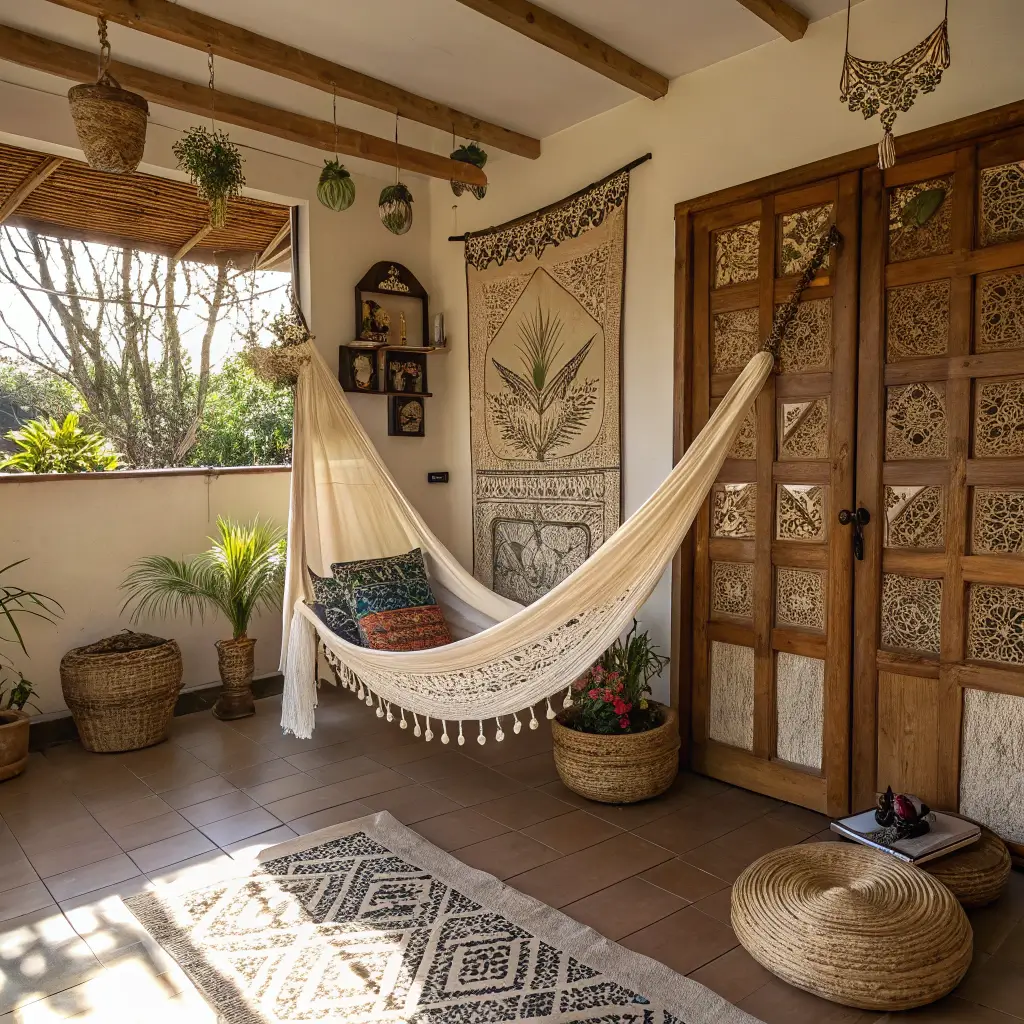 A cozy boho reading nook with a handwoven hammock adorned with Indian block print throws, set against a vintage carved wood room screen, tribal masks, and woven baskets on the walls, warmly lit by sunlight through bamboo blinds.