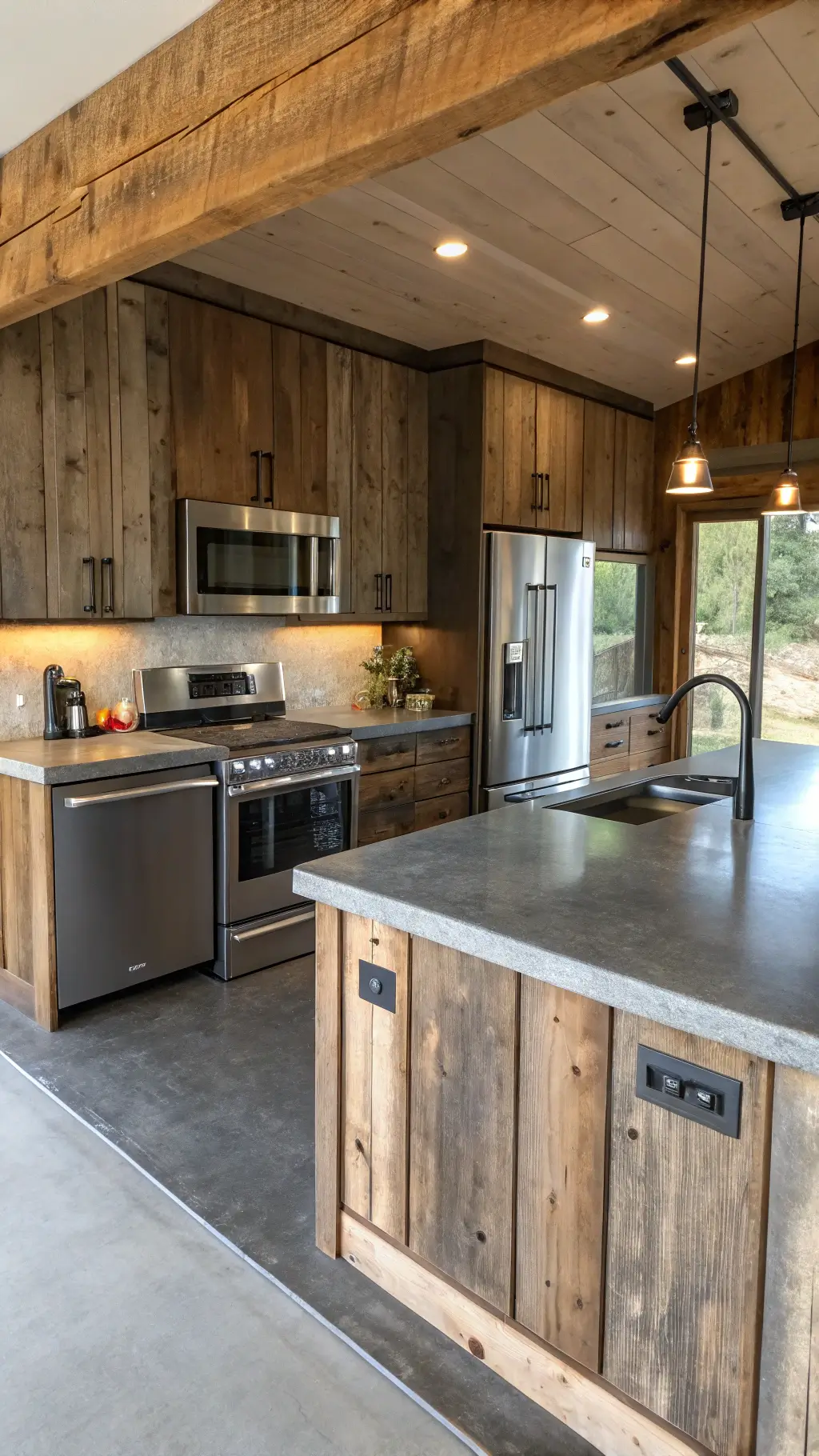 Aerial view of a modern-rustic kitchen with stainless appliances in cedar cabinetry, smart panel in vintage frame, concrete counters, and a live-edge wood bar in cool morning light.