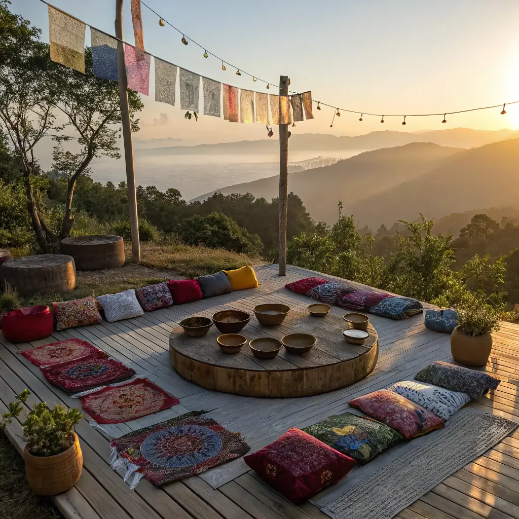 Aerial view of a 16x16ft outdoor meditation space at sunrise, featuring circular seating of saffron, burgundy, and indigo cushions. Brass singing bowls and ceramic incense holders on a low reclaimed wood platform. Prayer flags flutter between potted bamboo, surrounded by early morning mist and golden light.