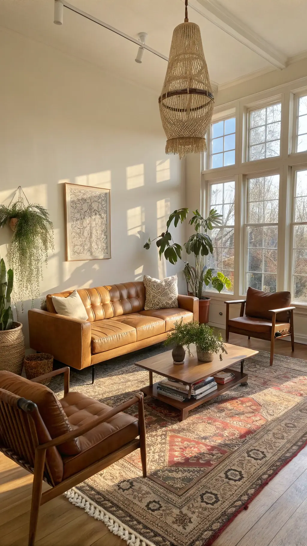 How to Create a Stunning Boho Mid-Century Modern Living Room A sunlit living room with a camel leather sofa, accent chairs in dusty rose, a walnut coffee table on vintage rugs, and brass sputnik chandelier. Large windows, macramé hangings, and hanging plants enhance the space.
