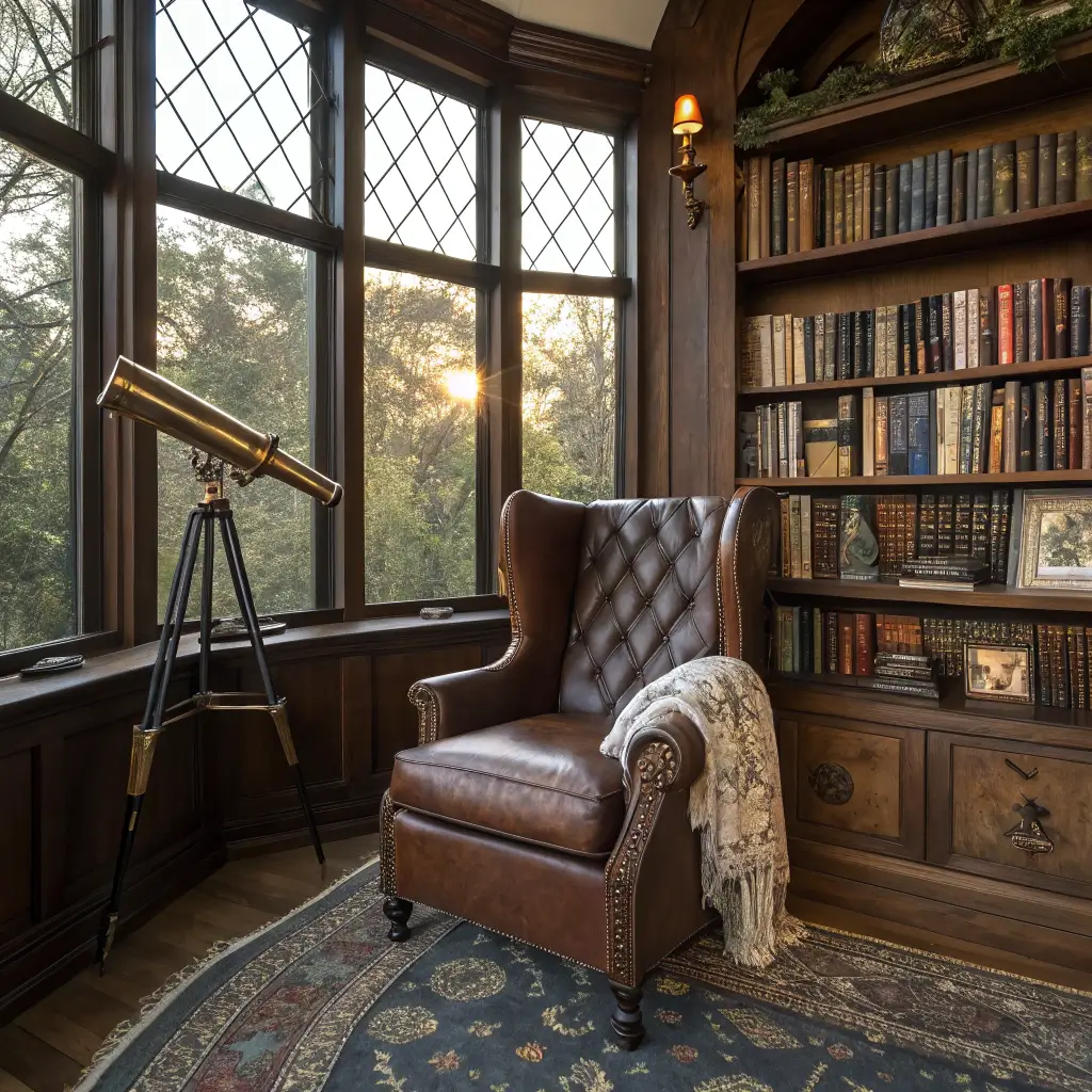 Cozy reading nook with a leather wingback chair, bookshelves, and vintage brass instruments in warm afternoon light.