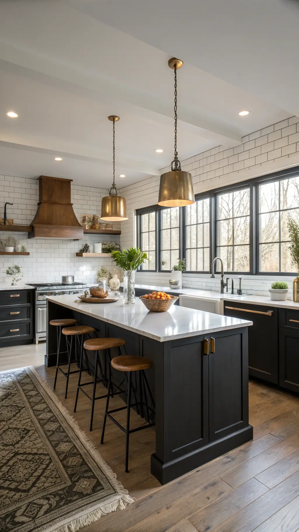 15 Cozy Dark Farmhouse Kitchen Designs That Will Inspire Your Next Renovation! A modern farmhouse kitchen with black shaker cabinets, white quartz countertops, and a walnut island, highlighted by brass pendant lights and French windows.