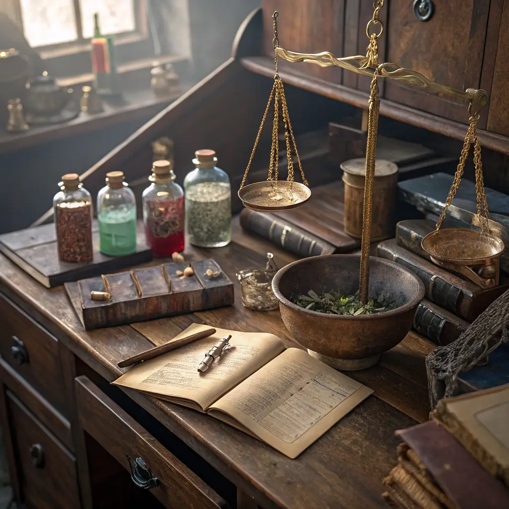 Aerial view of a potion master's workspace in a small alcove, featuring an antique wooden desk with custom-labeled glass bottles of colored liquids, dried herbs, and crystals. Brass scales and old leather-bound books are scattered across the surface. A patinated copper cauldron sits nearby. The scene highlights the texture contrasts between glass, metal, and aged wood, with soft early morning light and an atmospheric fog effect. Hogwarts