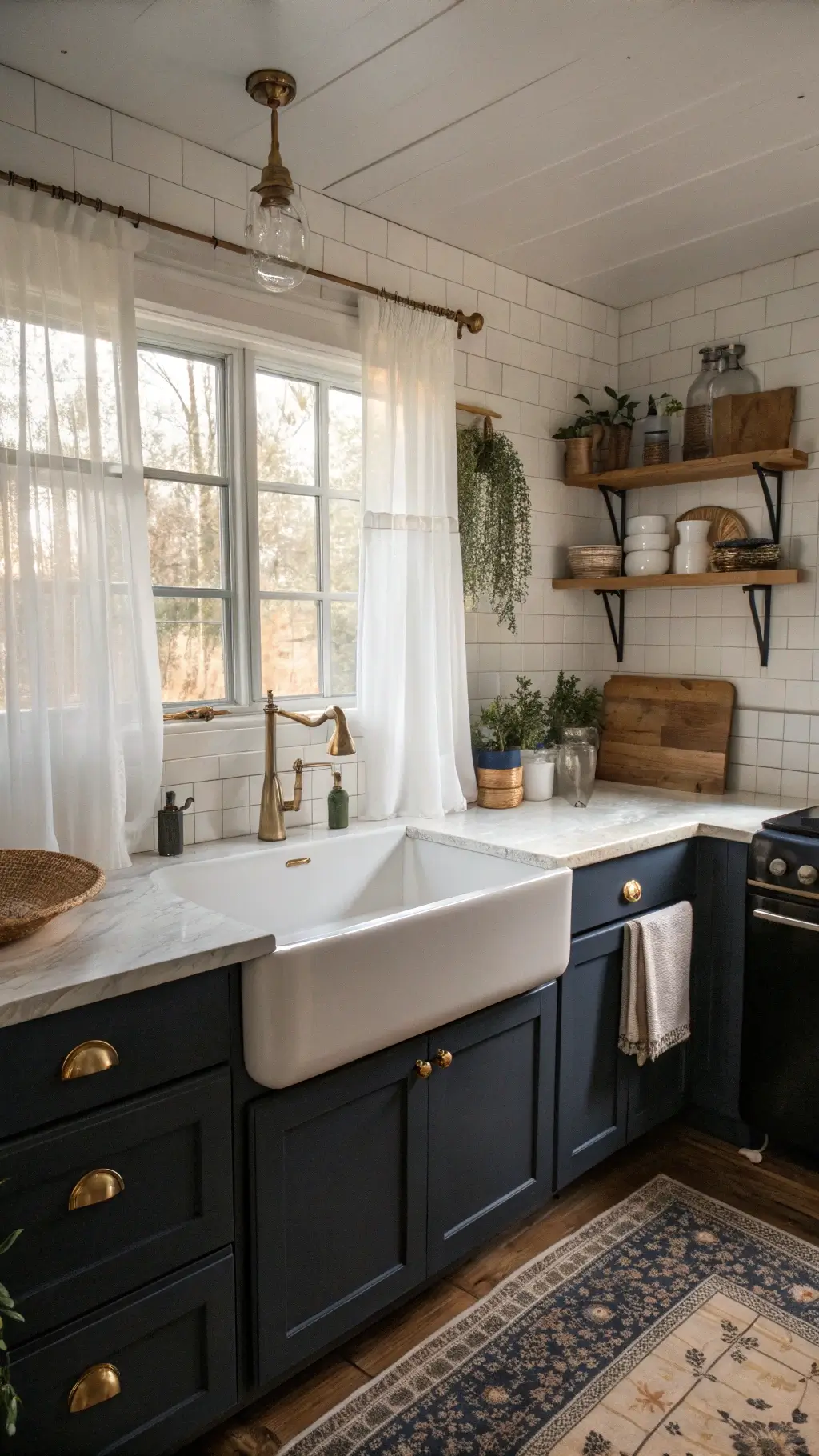 Farmhouse kitchen with white fireclay sink, navy cabinets, brass pulls, and white subway tile backsplash, styled with vintage enamelware and potted herbs.