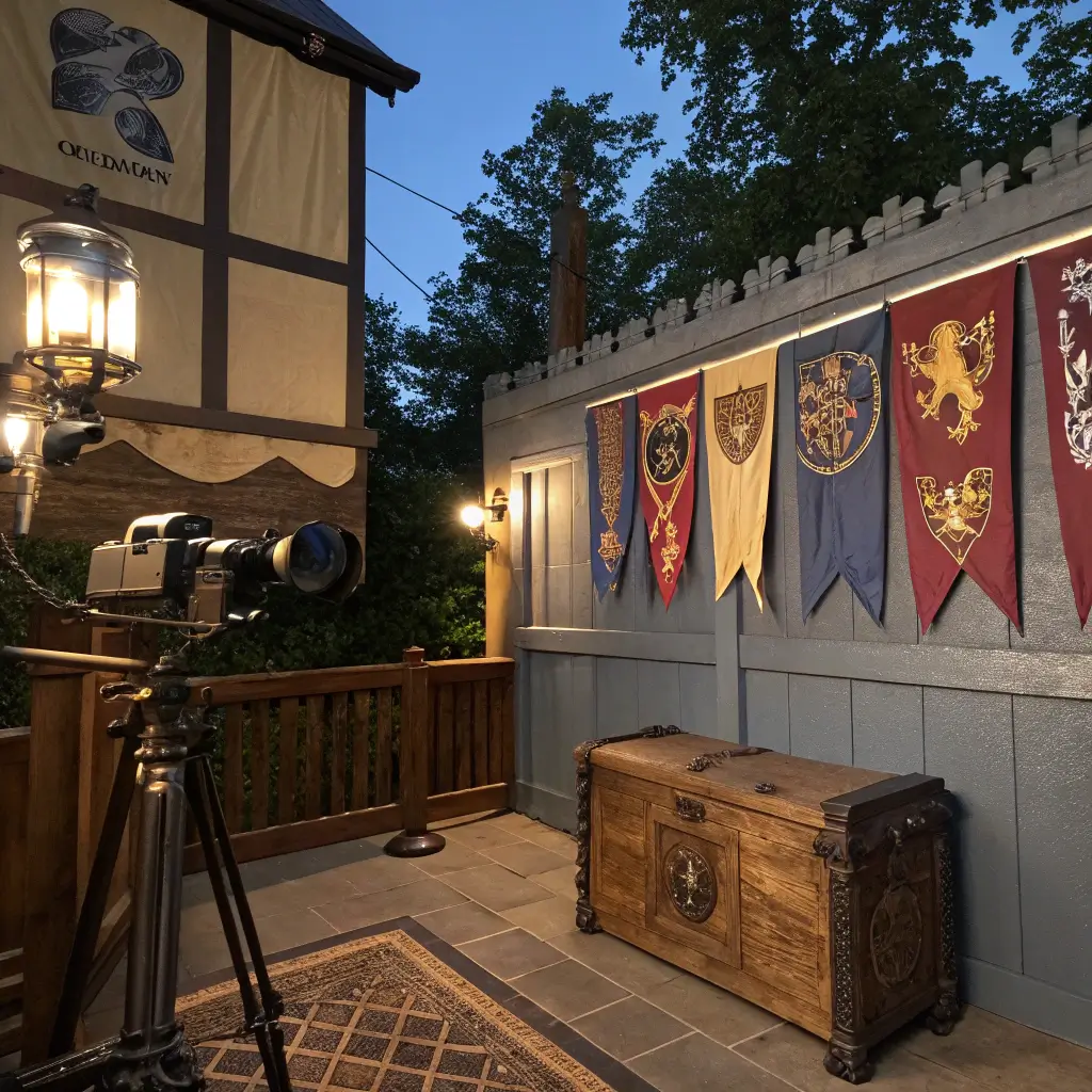 A dimly lit 14x16ft bedroom corner featuring a dramatic wall installation with medieval-style pennants and hand-painted metallic crests, highlighted by moody uplighting. Foreground includes a carved wooden chest and an antiqued mirror with gilded frame, with the camera at a Dutch angle accentuating deep jewel tones and metallic finishes. Hogwarts