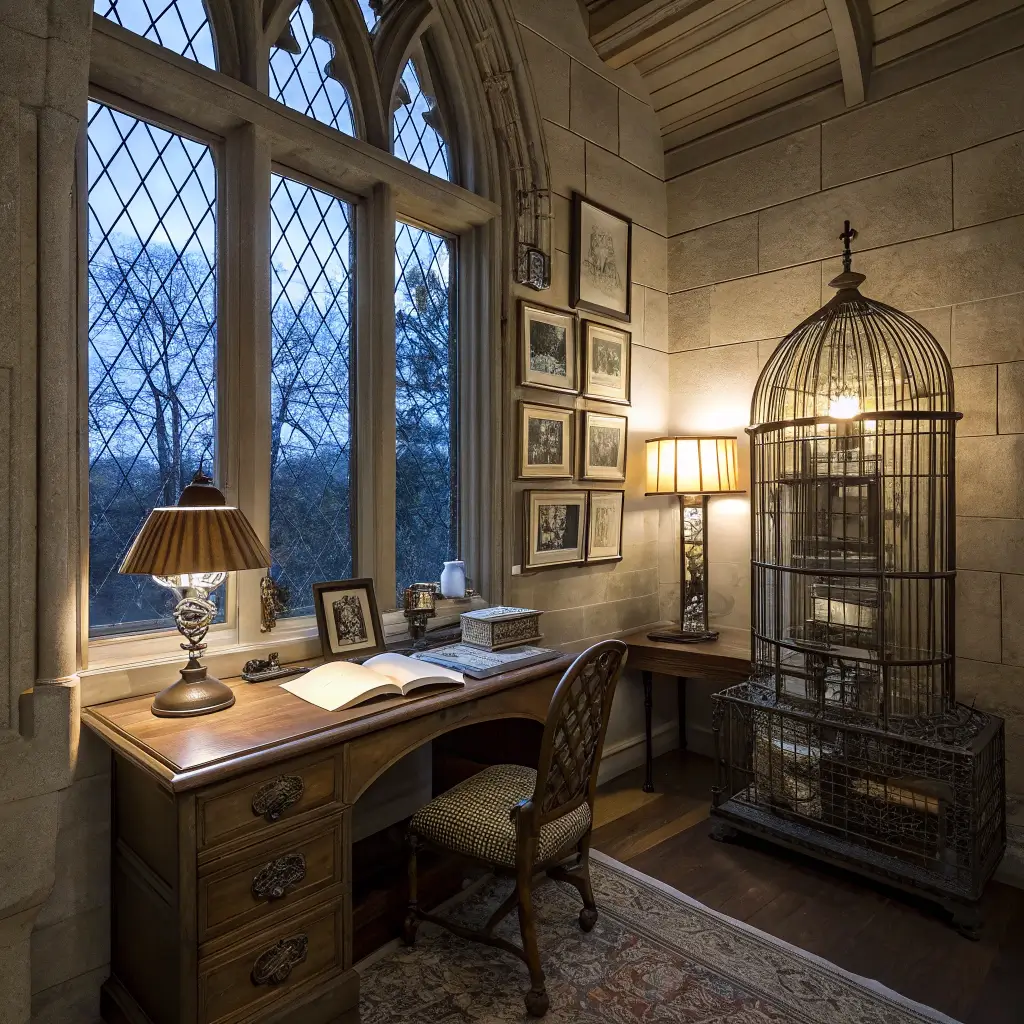 A cozy, magical study area with a Gothic desk facing large mullioned windows. Warm brass sconces illuminate scroll-covered surfaces. Hedwig's cage stands nearby, and moving photographs in gilded frames line the fog-tinged walls. Hogwarts