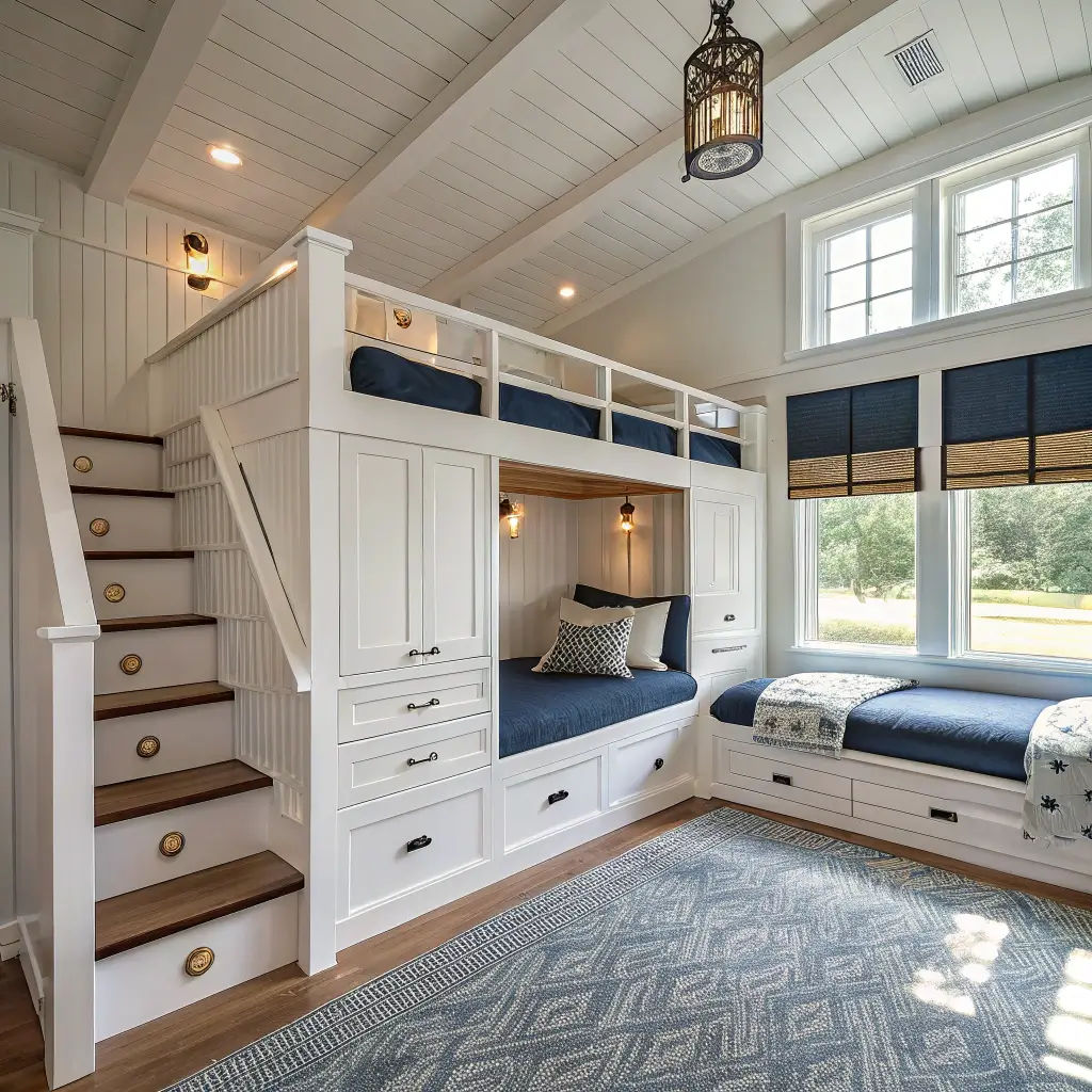 Built-in L-shaped bunk room with craftsman-style bunk beds, navy accents, and brass sconces, illuminated by golden hour light through large windows.