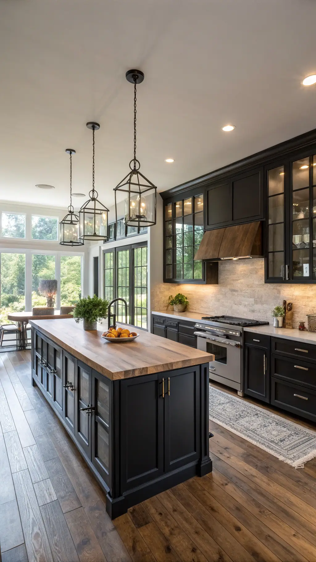 Open concept kitchen with black cabinetry, large butcher block island, and industrial accents, illuminated by late afternoon sunlight.
