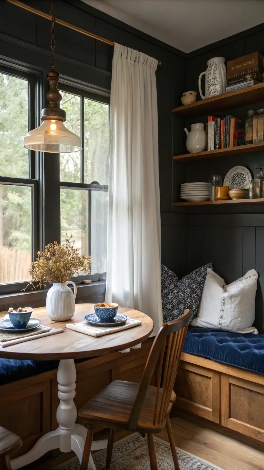 A cozy breakfast nook in a dark farmhouse kitchen featuring a custom window seat with navy velvet cushions, white oak shelves displaying pottery and cookbooks, and a vintage pendant light illuminating the scene.
