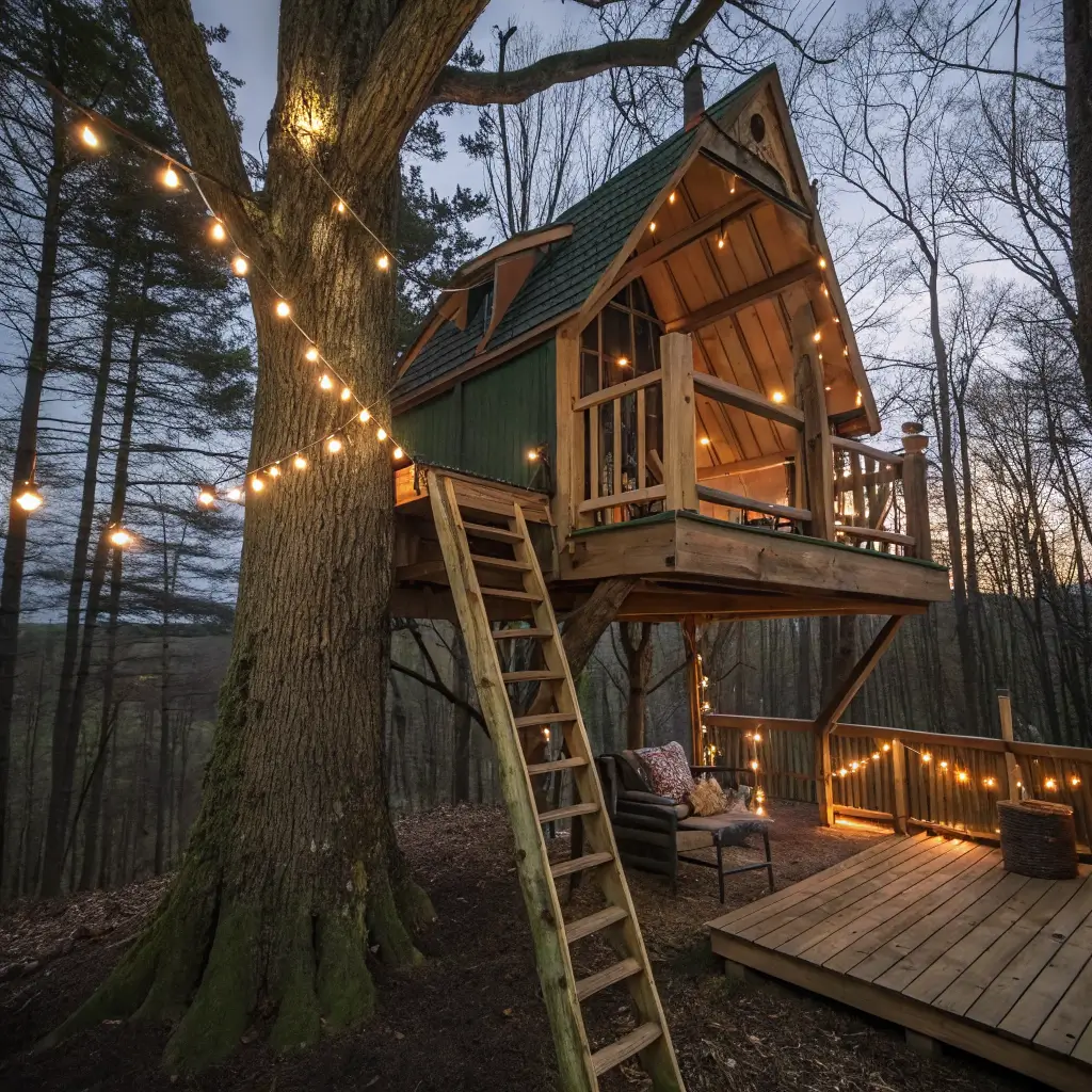 A cozy, whimsical treehouse-themed bunk room with a custom tree-shaped bunk structure featuring four pods and bridge-like walkways, dimly lit by fairy lights. Forest green, brown, and sunset orange colors abound, with rope ladders and carved steps providing access, all set against a 10-foot vaulted ceiling with exposed wooden beams.