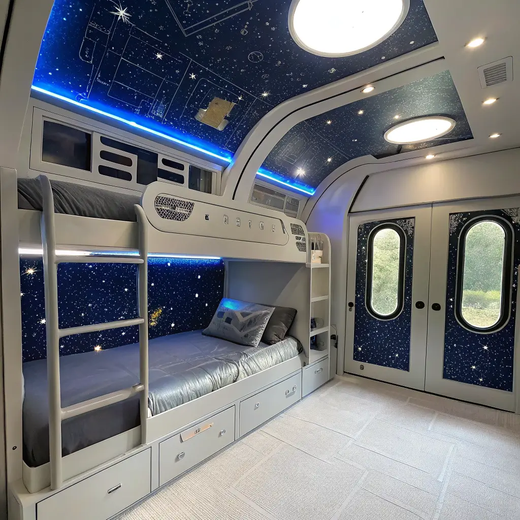 A bright space-themed bunk room with metallic silver bunk beds shaped like spacecraft pods, featuring a blue ambient glow from LED strip lights. Each bunk has a porthole window above, and the ceiling is covered with constellation map wallpaper. Storage compartments resemble cargo bays. The room has a modern aesthetic in navy, silver, and white, viewed from the doorway with morning light illuminating the space.