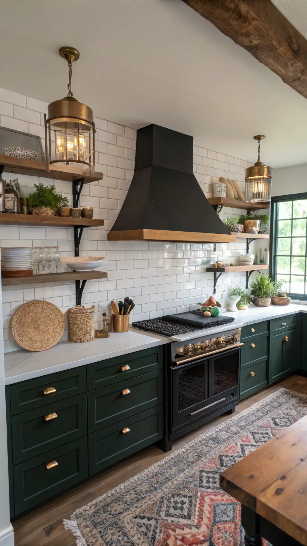 Diagonal view of a kitchen and dining area in a 20x15' space, featuring a black range wall with a custom hood, contrasted by white oak floating shelves and subway tile. A deep green center island adds color, with copper and brass accents reflecting light from industrial cage pendants. The scene is styled with vintage bread proofing baskets and artisanal ceramics.
