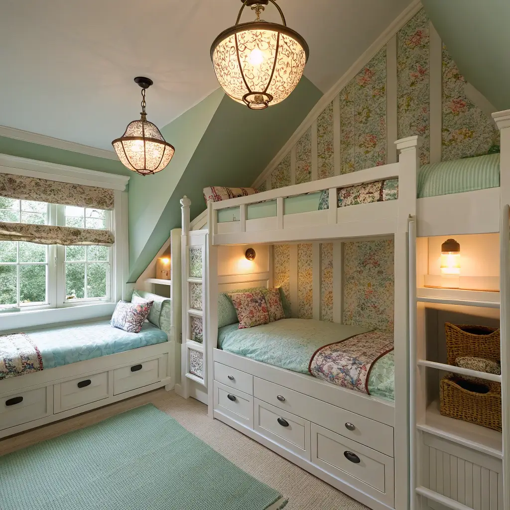 Cozy bunk room with mint green bunks, vintage lighting, floral wallpaper, and window seat at twilight.