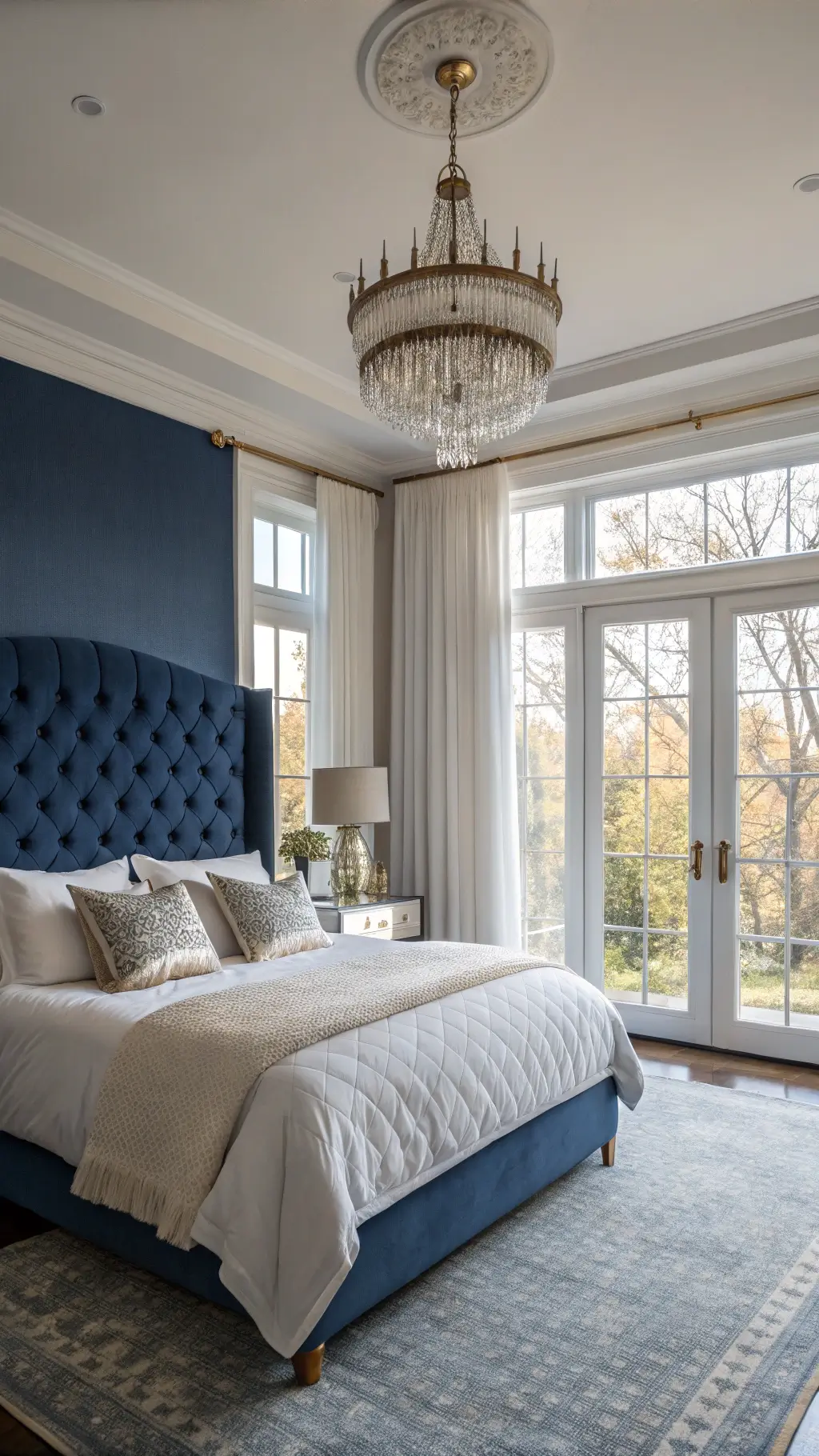 Luxurious bedroom with golden light through tall windows, rich Prussian blue walls, midnight blue velvet tufted headboard, crystal chandelier, white sheets, navy duvet, silver pillows, brass sconces, blue hydrangeas, and cream knit throw.