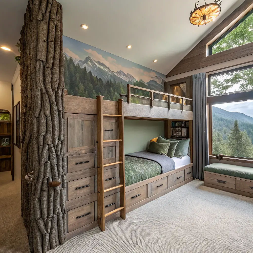 A wide-angle view of a contemporary woodland-themed bunk room with floor-to-ceiling bunks featuring tree bark texture in warm gray, integrated ladders with copper details, and a mountain mural on the back wall. The room includes storage cubbies resembling hollow logs, an earth-tone palette with moss green accents, and natural textures. Soft, diffused natural light filters through sheer curtains, creating a dreamy ambiance.