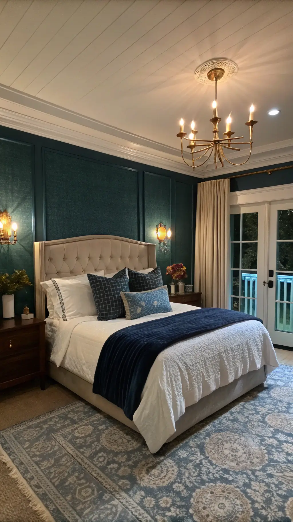 An intimate master bedroom at dusk featuring dark teal grasscloth wallpaper, dimmable brass sconces, and a king bed with hotel-style white linens and a navy velvet quilt. Textured pillows in blue tones adorn the bed. Gauzy curtains with fairy lights, a plush ivory rug, and a large gilded mirror enhancing the ambient lighting complete the cozy scene.