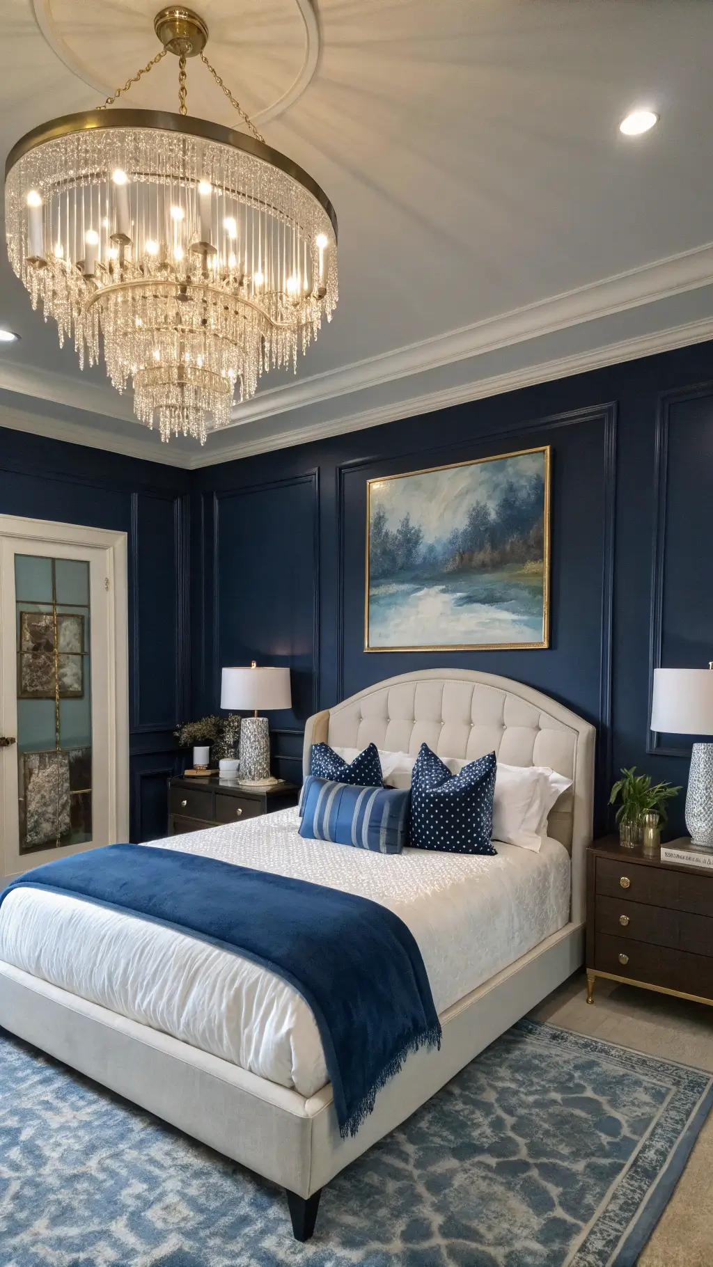 A luxurious bedroom with navy blue walls and a crystal chandelier, featuring a California king bed with a deep azure velvet headboard and layered blue and white bedding. Abstract artwork in blues and golds adorns the far wall, and mercury glass lamps and pillar candles add to the elegant styling.