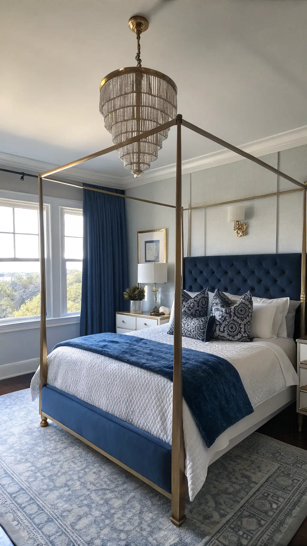 Wide-angle view of a luxurious bedroom with a brass four-poster bed, blue and white bedding, midnight blue walls, brass lighting fixtures, and morning light highlighting fresh blue hydrangeas and metallic decor.