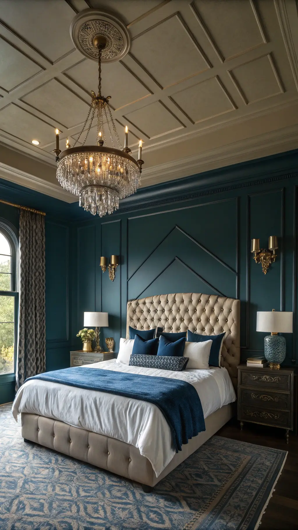 A moody master suite at golden hour features dark teal walls, antique brass lighting, and a king-size bed with a navy velvet tufted headboard. The bed is adorned with white cotton sheets, a blue silk duvet, and matching throw pillows. A vintage crystal chandelier hangs overhead, casting romantic shadows. The room is styled with mercury glass vessels, white orchids, and a cream chunky knit throw, with an emphasis on room depth from a corner perspective.