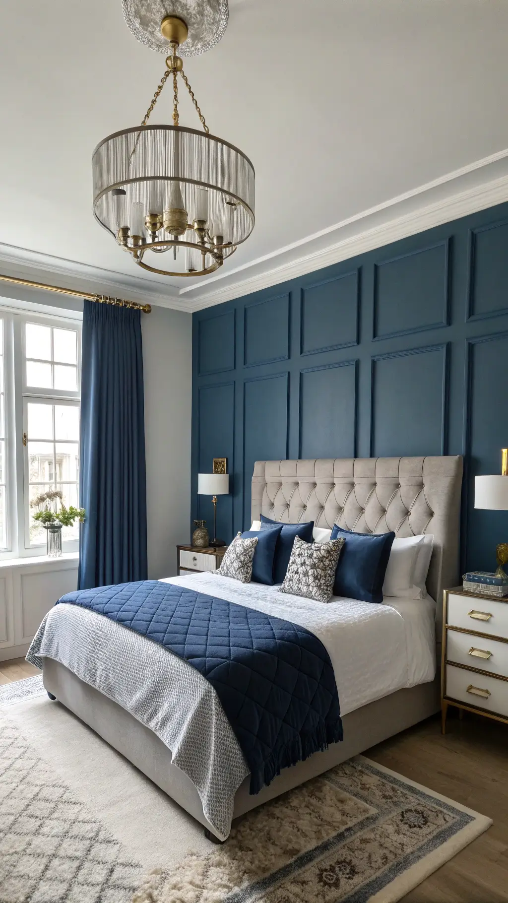 Sunlit bedroom with Prussian blue accent wall, upholstered wing headboard, grey walls, white linens, navy quilt, velvet and silk pillows, brass chandelier and sconces, blue-grey curtains, geometric mirror, and fresh white roses.
