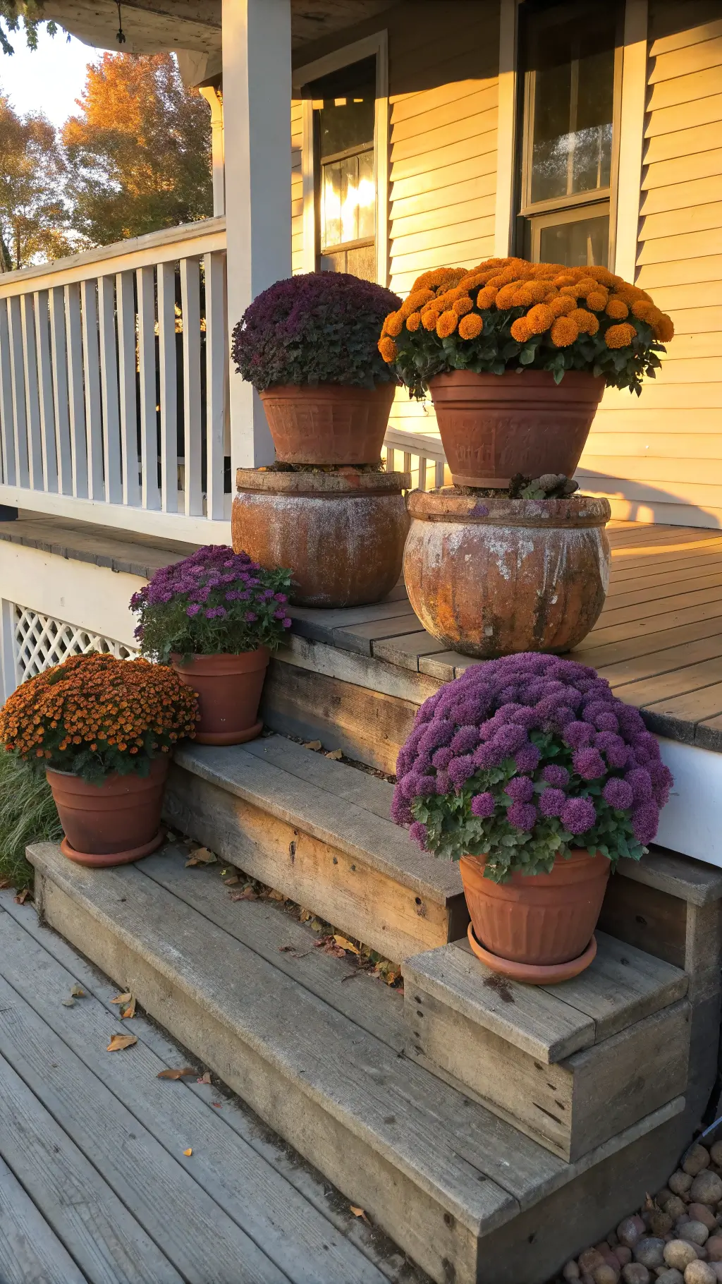 Beautiful Fall Front Porch Planters to Transform Your Entryway (Get Inspired by #5!) Photorealistic front porch scene at golden hour with weathered terracotta pots on rustic crates, displaying deep purple and rust-orange mums, white mini pumpkins, and cascading English ivy, captured in warm autumn sunlight.
