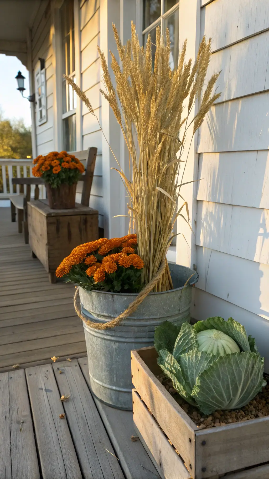 Sunlit porch scene with a vintage galvanized bucket of wheat stalks, surrounded by wooden crates of orange mums and ornamental cabbage, with rustic raffia accents on weathered floorboards.