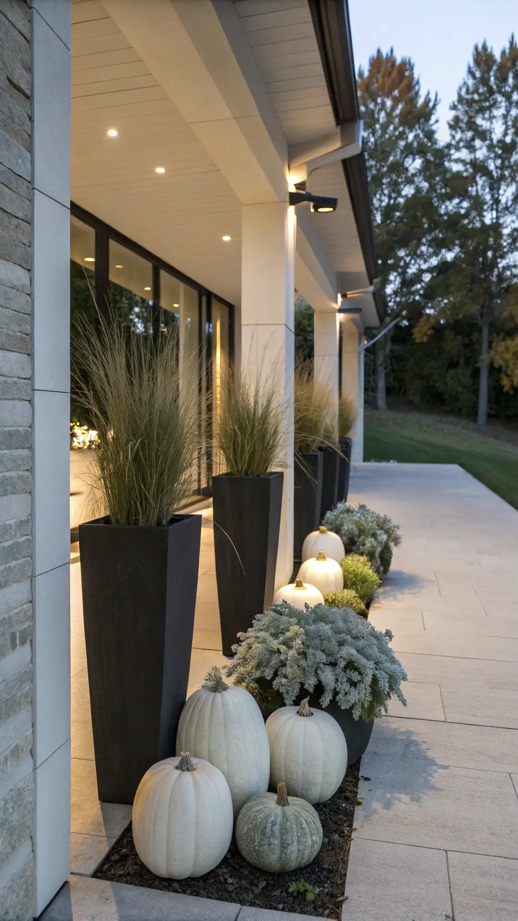Contemporary porch with minimalist black urns, vertical grasses, clusters of white pumpkins, and silver dusty miller.