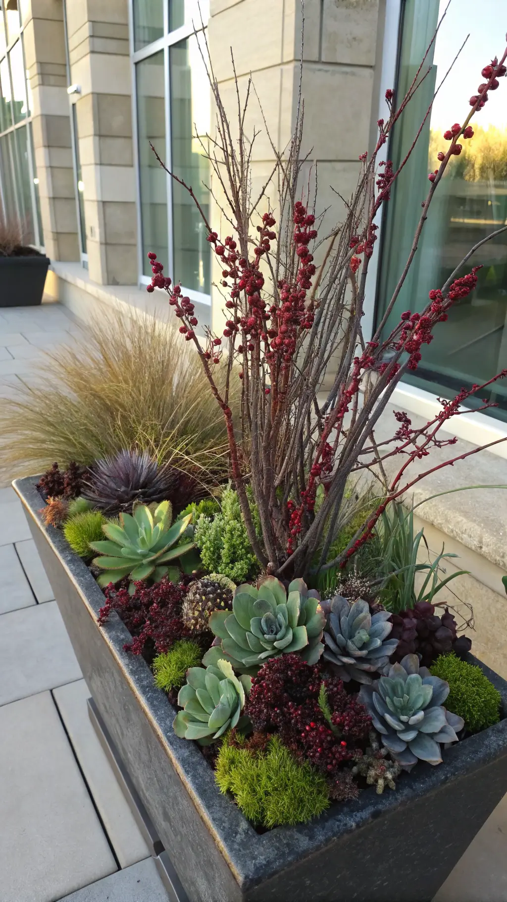 Artificial burgundy berry sprigs blend with live ornamental grasses and gray-green succulents in a granite-colored planter, highlighted by late afternoon sunlight.