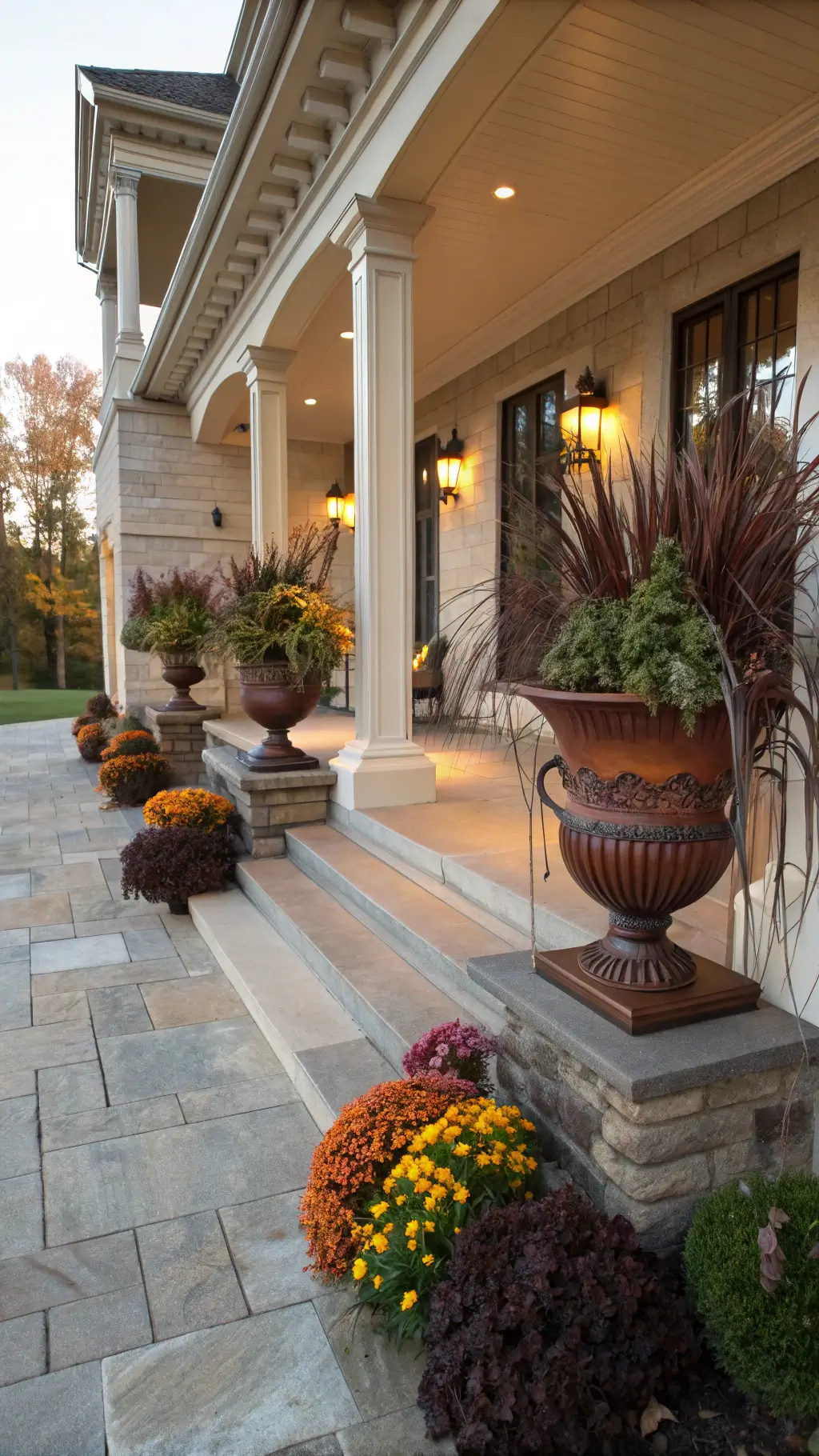 Wide shot of a symmetrical front porch with stone urns of varying sizes featuring fall plants, including tall grasses, mid-height mums, and trailing vines. Copper-patina urns shine in the warm evening light.