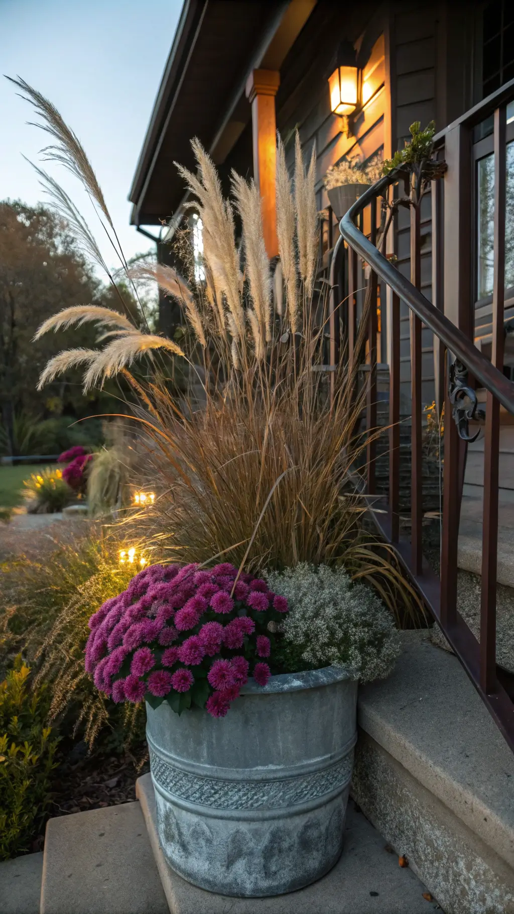 A dawn-lit corner vignette with a vintage zinc planter filled with feathery grasses, deep purple chrysanthemums, copper-toned sedge grass, and variegated ivy draping over a weathered porch railing, showcasing textural contrasts and morning dew from a low-angle view.