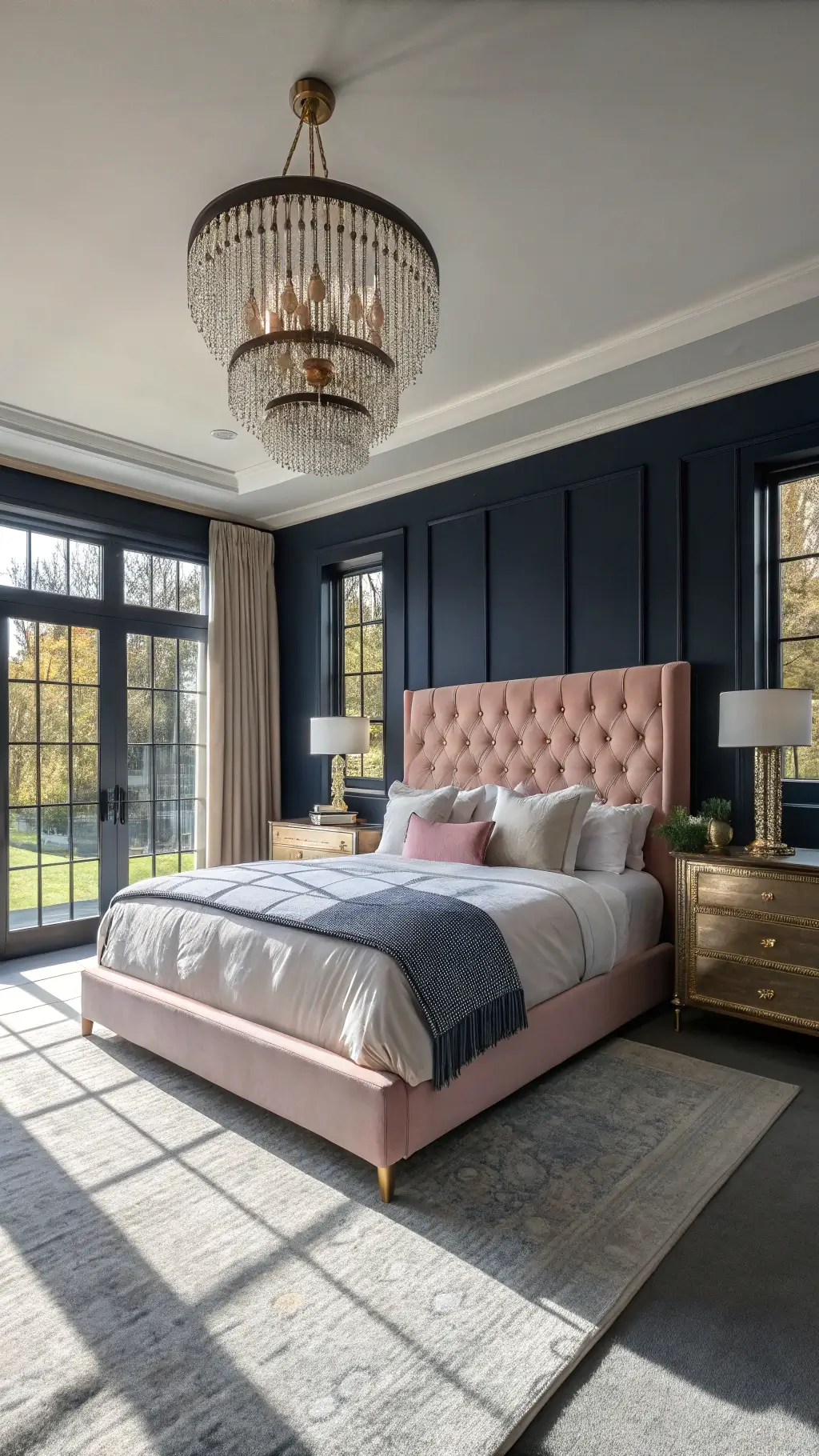 How to Create Your Dream Romantic & Moody Pink Bedroom? Master bedroom with navy walls, pink velvet headboard, crystal chandelier, and large windows.