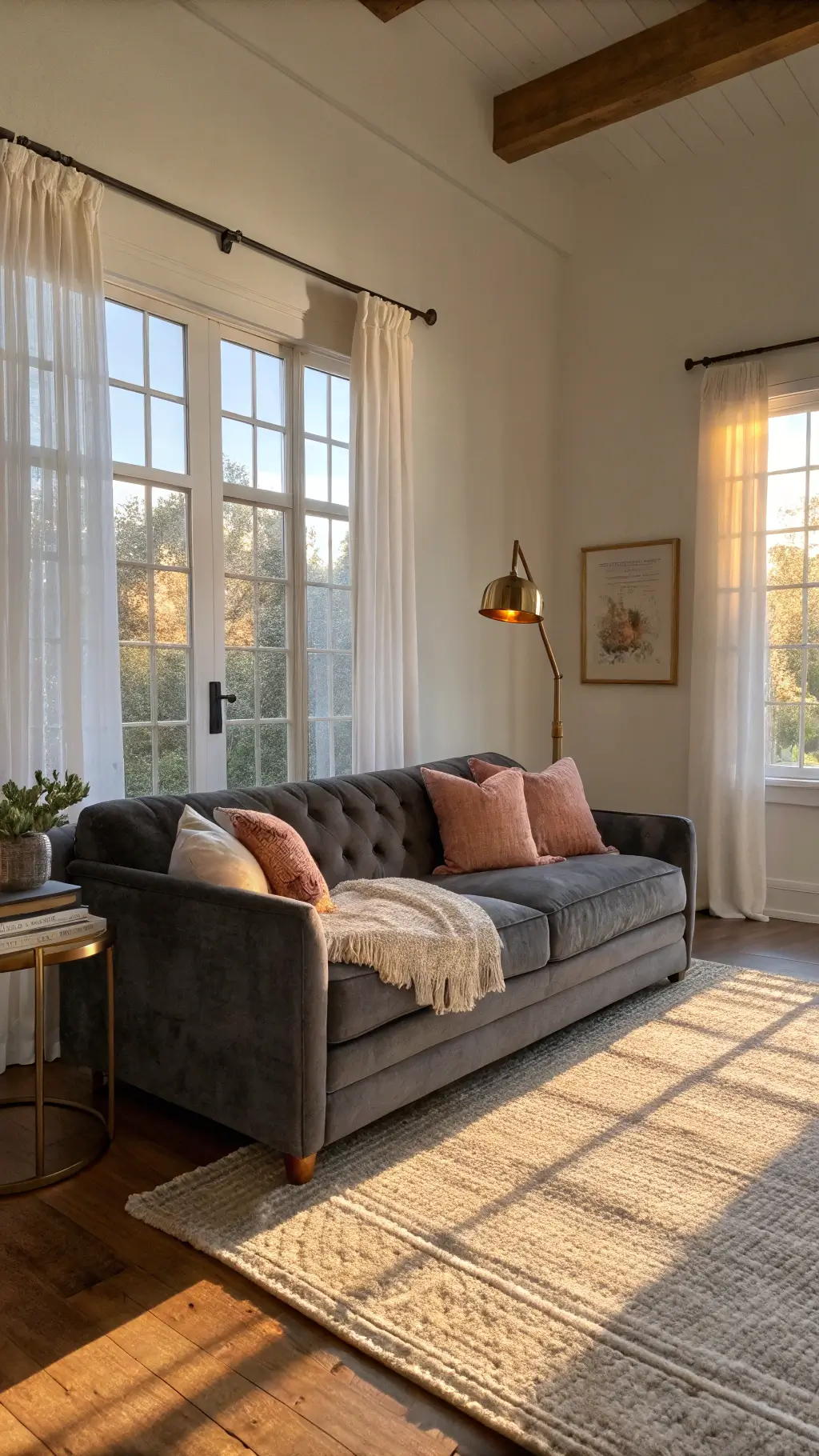 The Perfect Dark Gray Sofa Living Room A cozy 20x24' living room with a charcoal gray velvet sofa, sunlight through large windows, sheer curtains, brass floor lamp, cream jute rug, ivory throw, and blush velvet pillows.