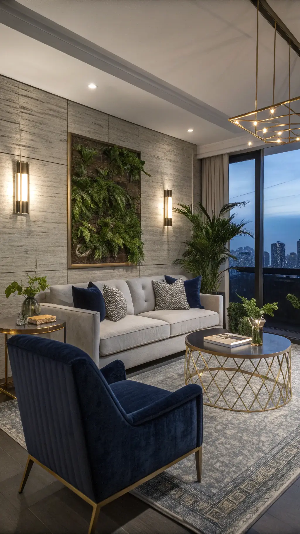 A modern living room with a slate gray linen sofa against a textured accent wall, a navy blue velvet armchair, emerald green plants, and a geometric brass coffee table, photographed during blue hour.
