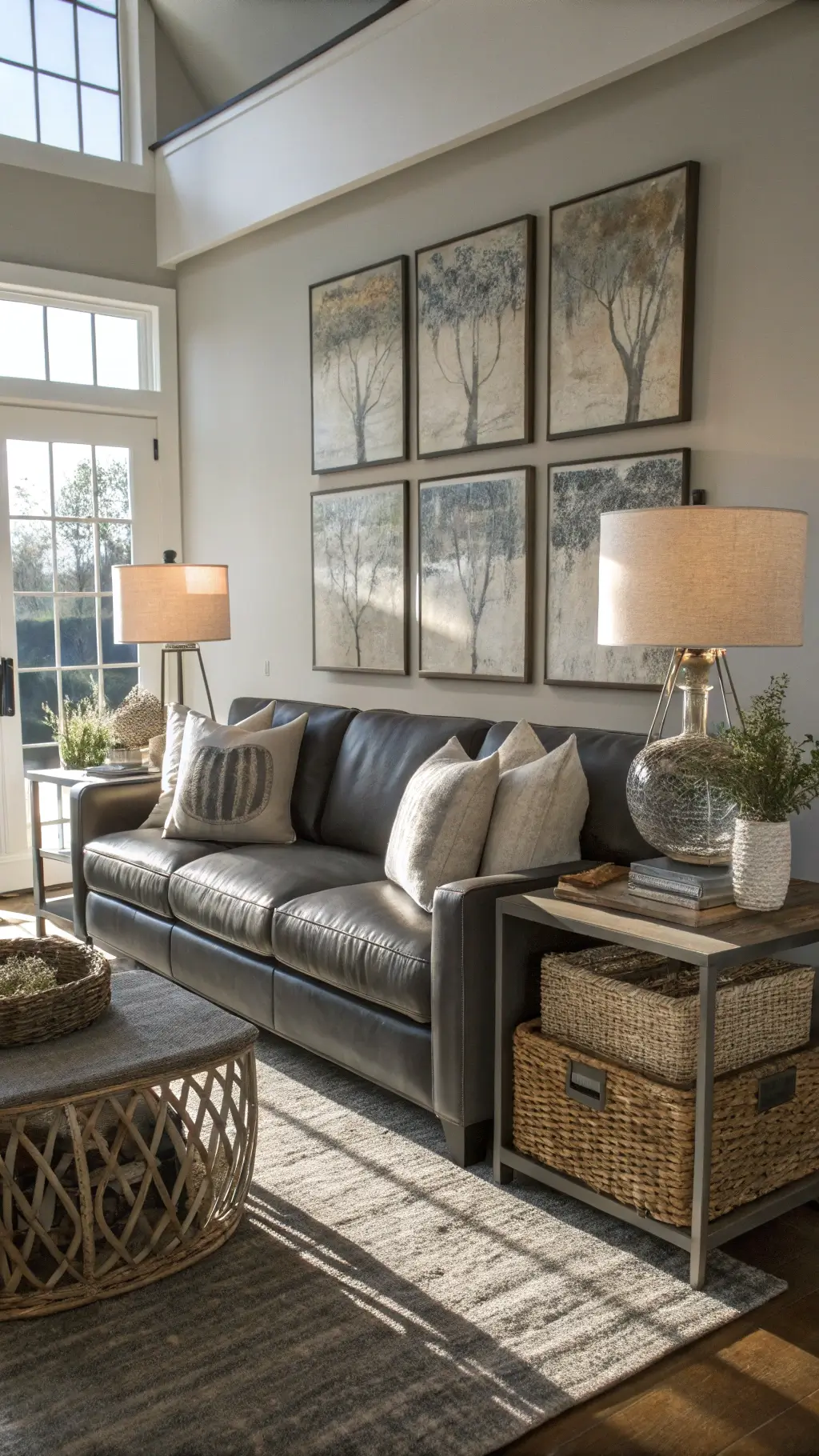 A sophisticated den with a charcoal gray leather sofa, metallic frames, abstract art, white throw pillows, woven baskets, and crystal table lamps in afternoon light.