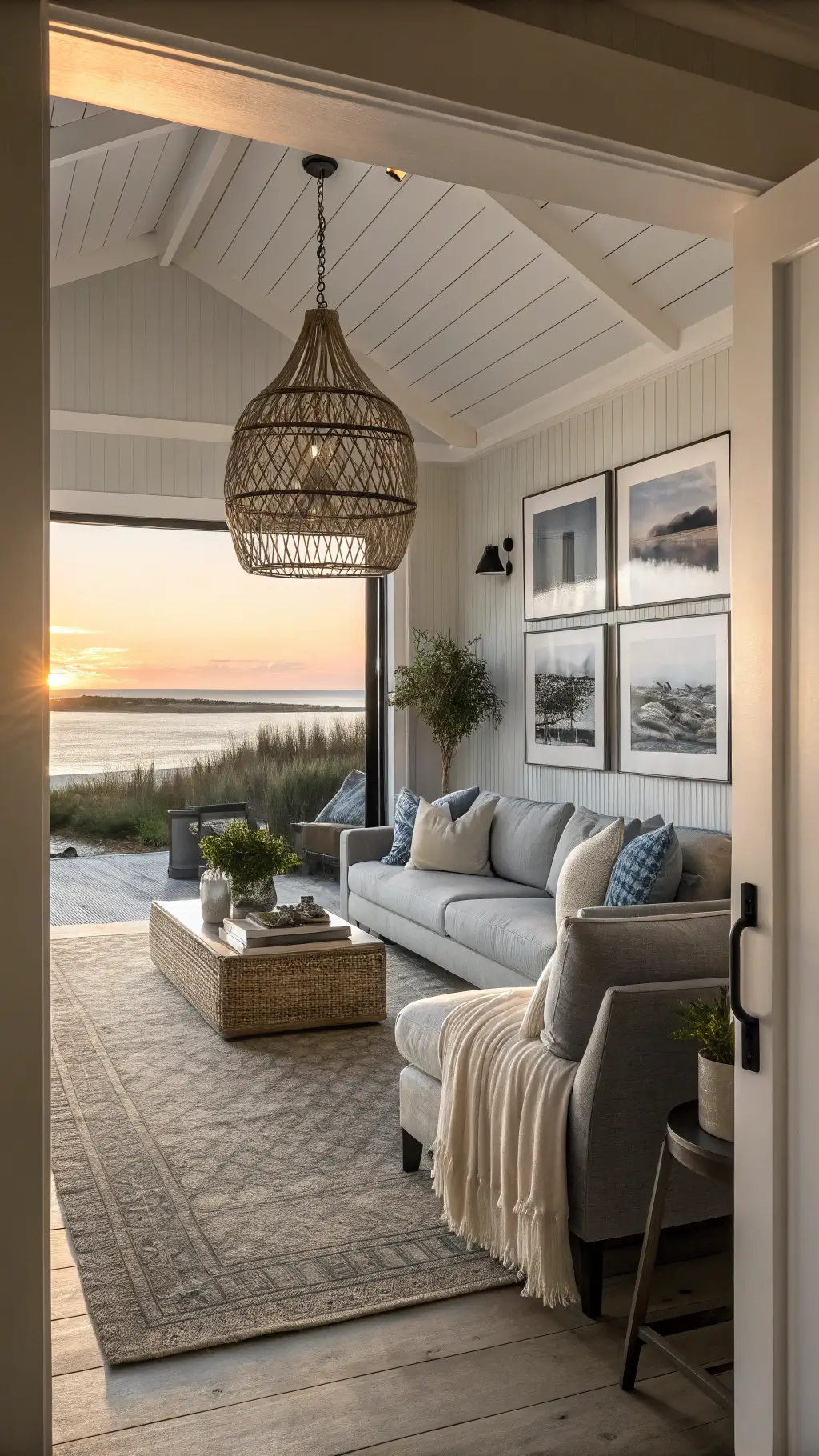 A cozy coastal-inspired great room at sunset features a steel-gray sofa, oversized black and white photography, ivory and cream textiles with hints of sea glass blue, and a rattan pendant light casting shadows. The scene is shot through a doorway, capturing golden hour lighting and a subtle coastal haze.