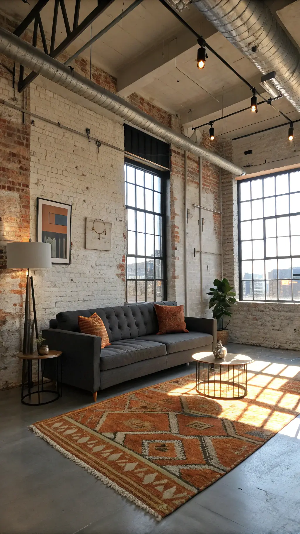 Aerial view of an industrial-chic loft space with a charcoal bouclé sofa against an exposed brick wall, featuring mixed metal accents in copper and pewter, geometric patterned rugs and pillows in rust and amber tones, and a high ceiling with track lighting, all illuminated by crisp morning light.
