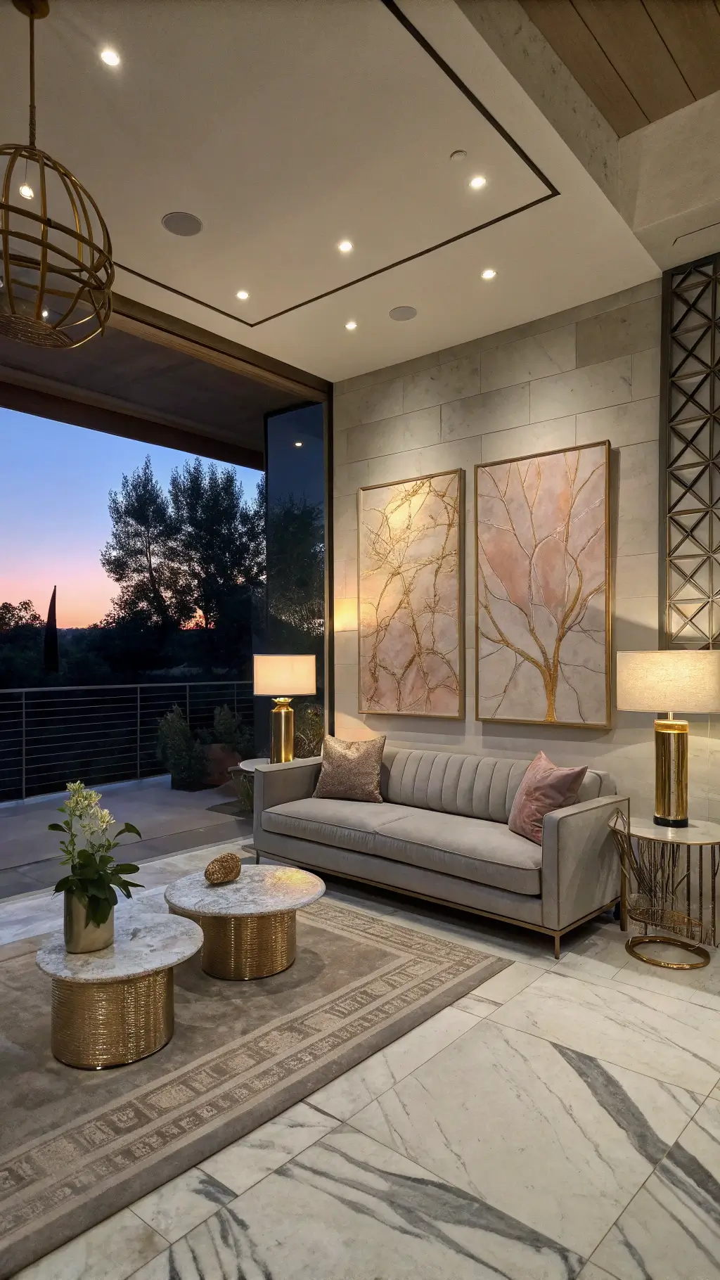 Minimalist sitting room at dusk with deep gray linen sofa, large abstract art in blush and gold, marble side tables, brass floor lamps, and moody accent lighting, highlighting ceiling height.