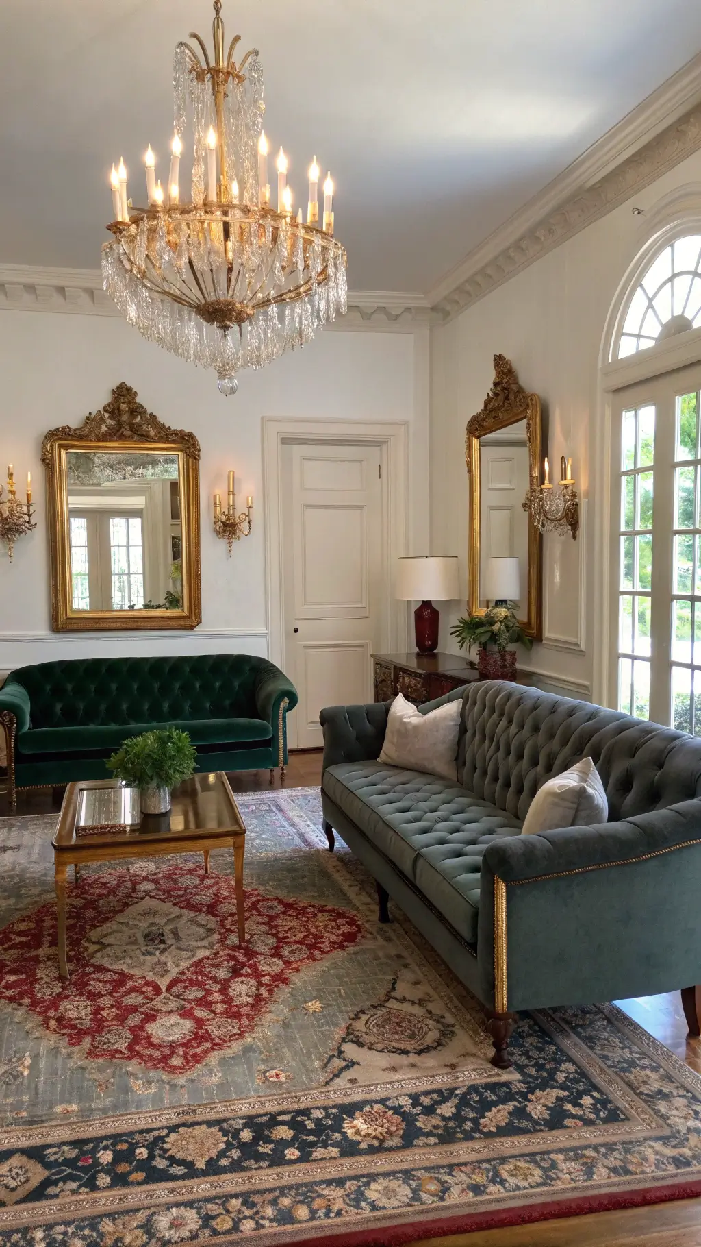 A formal living room with a tufted dark gray wool sofa, antique brass mirrors, a crystal chandelier, rich emerald velvet chairs, an oriental rug, and cherry wood accents. Natural light diffuses softly, highlighting the room's classic luxury.
