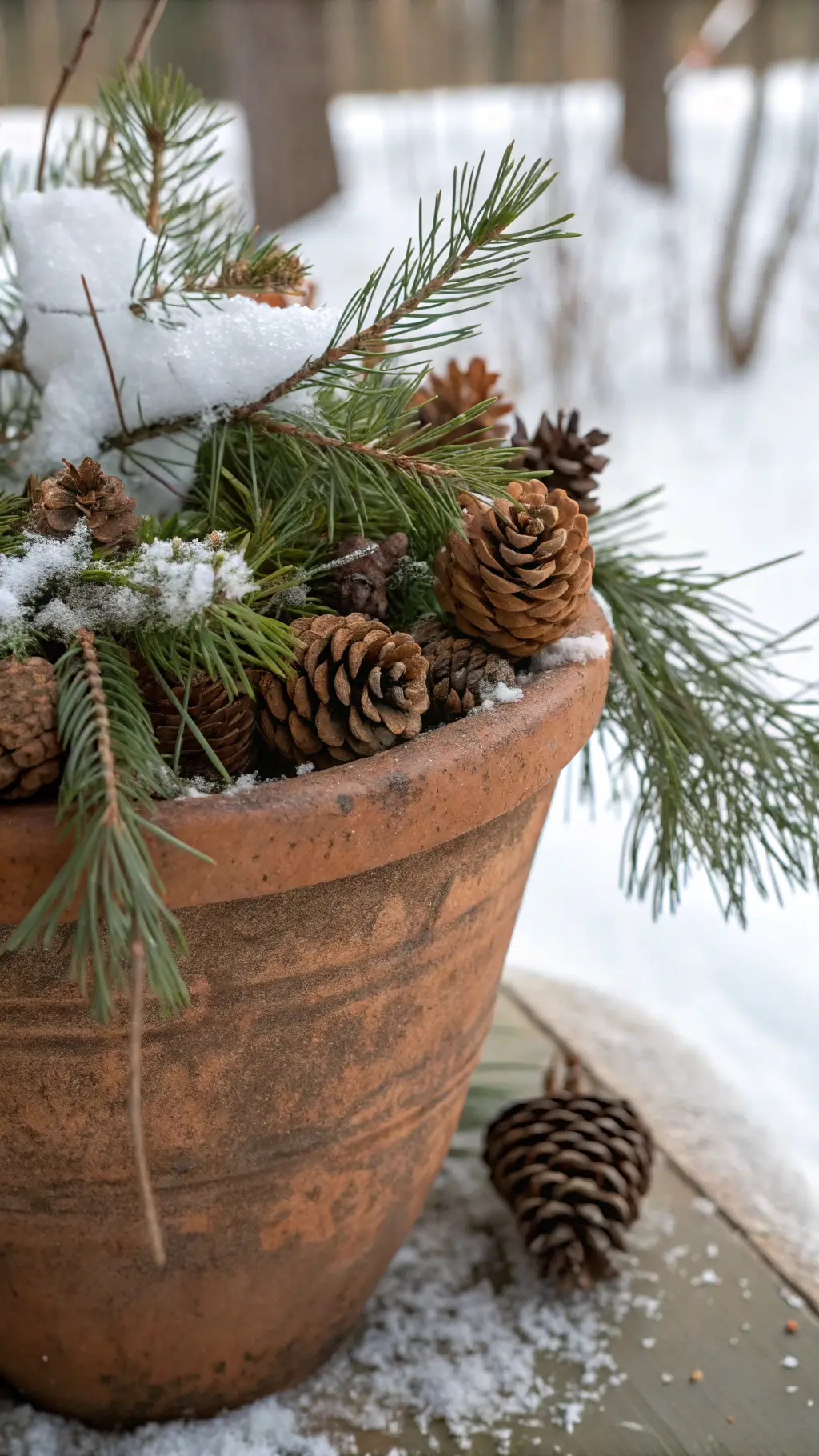 A close-up of a winter arrangement in a weathered terracotta pot, featuring unadorned pine boughs, dried seedheads, and birch branches against fresh snow, with soft light highlighting texture variations of smooth birch bark, rough pinecones, and delicate evergreen needles.