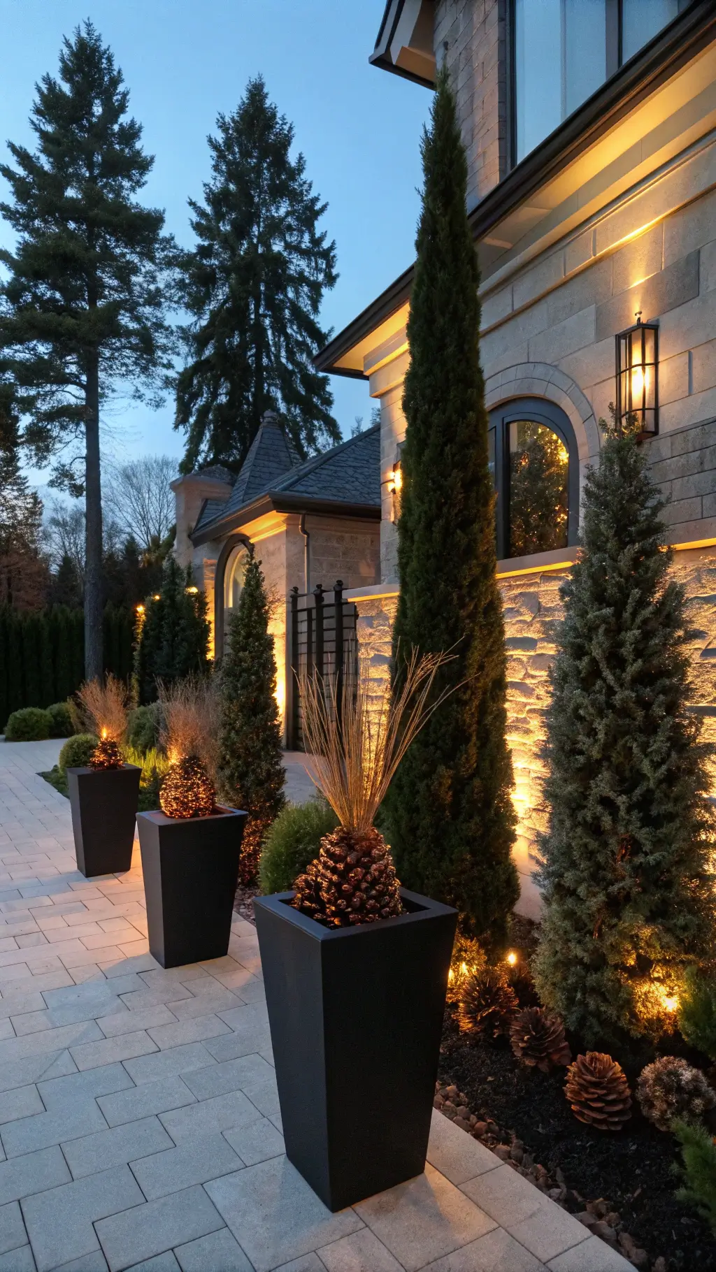 Twilight exterior of planters with uplighting, spruce tops, boxwood, cedar, and decorative pinecones against a blue sky. Winter Porch Pots
