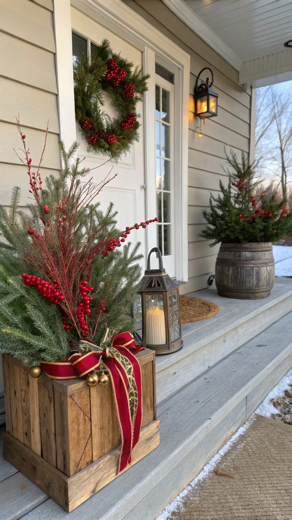 A welcoming front porch adorned with a rustic wooden container featuring a festive holiday arrangement of red-twig dogwood, fraser fir, and trailing juniper, accented by red and gold ribbons and vintage brass lanterns, captured in soft morning light with natural frost sparkle. Winter Porch Pots
