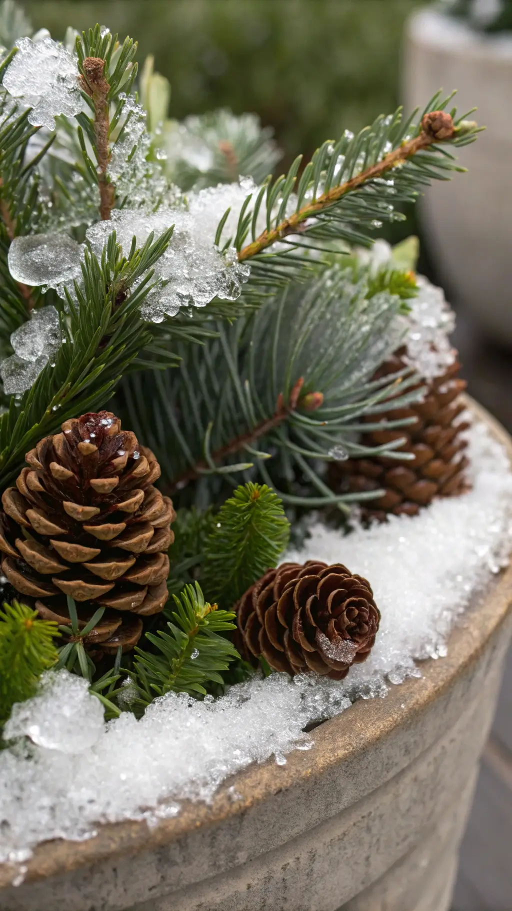 A close-up shot of a winter planter highlighting spruce needles with water droplets, fresh snow's crystalline structure, and pinecones' varied textures, all under professional studio lighting. Winter Porch Pots
