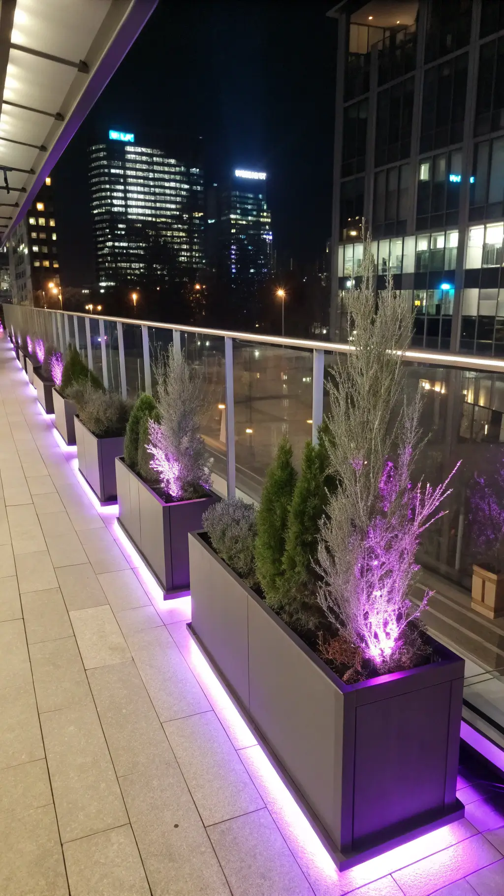 A nighttime photo of a modern urban balcony with sleek rectangular planters holding greenery with purple-tinted juniper and silver branches, illuminated by LED strip lighting. Glass highrise buildings reflect in the background, highlighting the balcony's geometric design from a slightly elevated angle. Winter Porch Pots