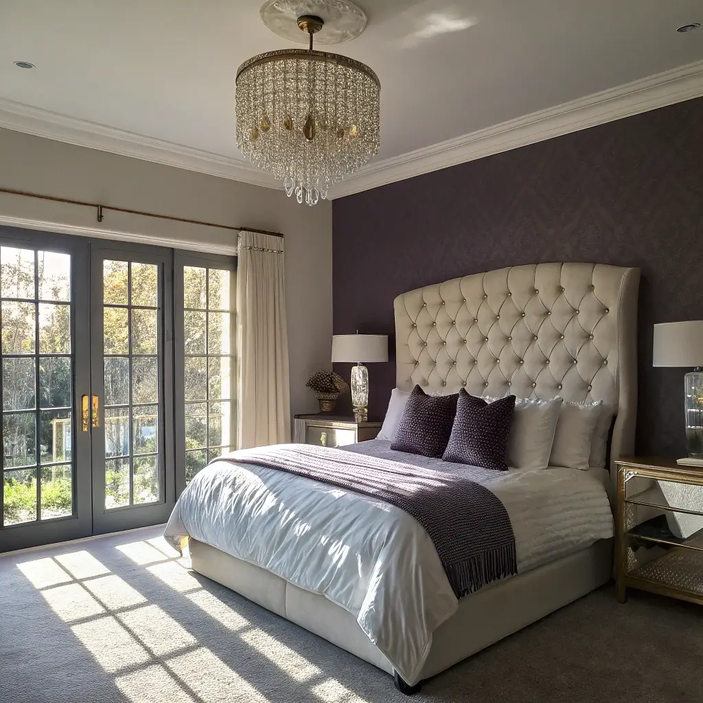 Contemporary bedroom with deep aubergine statement wall, ivory tufted headboard, plum and royal purple bedding, crystal chandelier, gold-framed mirrors, and floor-to-ceiling windows streaming morning light.