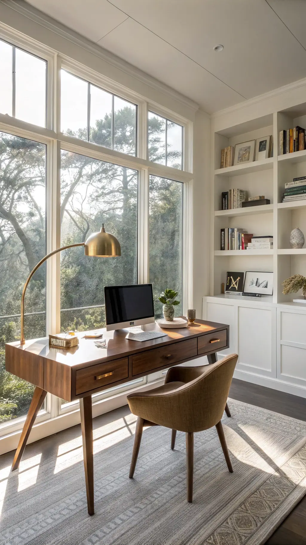 How to Style Your Desk Like a Pro Designer Sunlit home office with a large walnut desk, brass lamp, and floating shelves, showcasing modern design in a 12x14ft space with dramatic morning shadows.