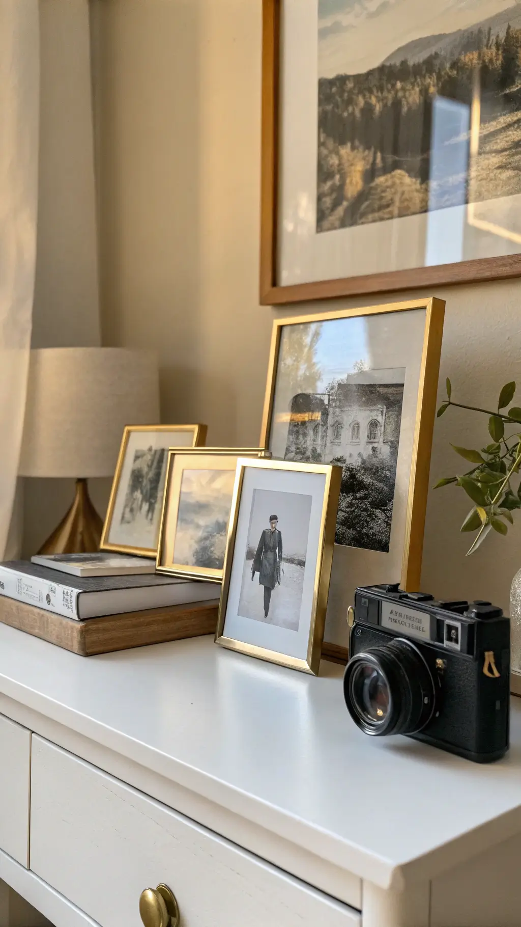 A cozy desk vignette featuring three black-and-white photos in gold frames, a vintage Rolleiflex camera, and an abstract painting in muted tones on a cream wall, softly lit from the side.