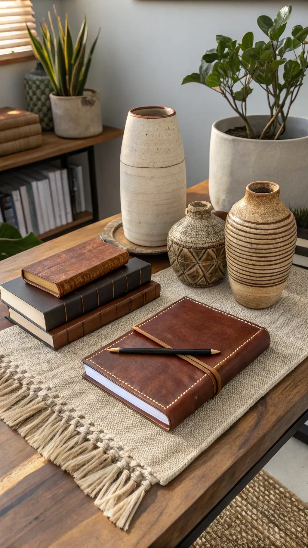 A professional desk setup featuring three artisanal ceramic vessels, five leather-bound books, and a single statement plant, arranged to follow the rule of odds. The scene includes a mix of brushed brass, walnut wood, and woven textiles, captured from a slight elevation with a 35mm lens enhancing depth. Golden hour lighting highlights the warmth and textures of the materials.